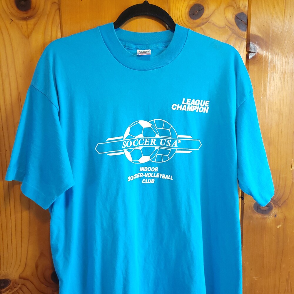 Vintage 80s 90s single stitch true Soccer USA XL Blue T-Shirt League Champion